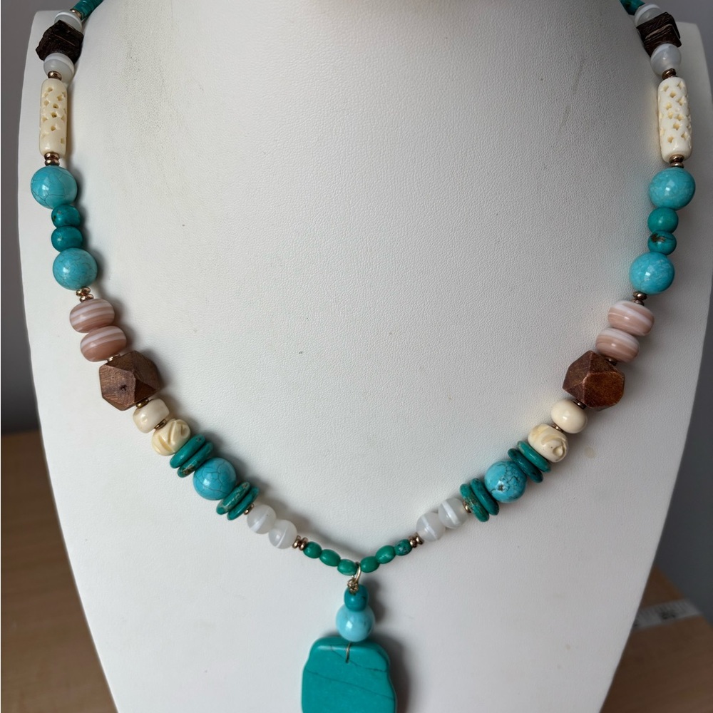 Chico’s Blue and Cream Bohemian Necklace with Faux Turquoise Pendant NWT